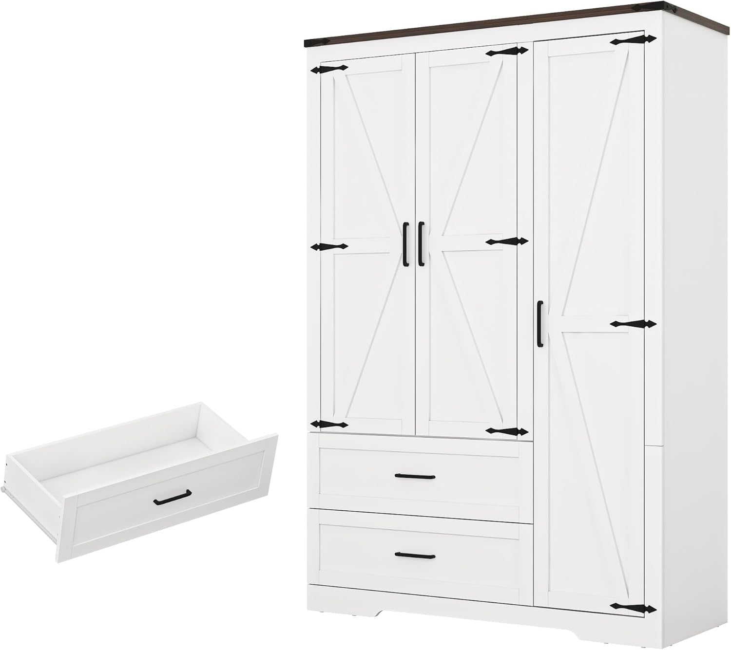 Farmhouse Wardrobe Armoire Closet with 3 Doors and 2 Drawers, 70.1" Wooden Clothing Storage Cabinet, Freestanding Large Capacity Storage Wardrobe Armoire with Hanging Rod for Bedroom, White