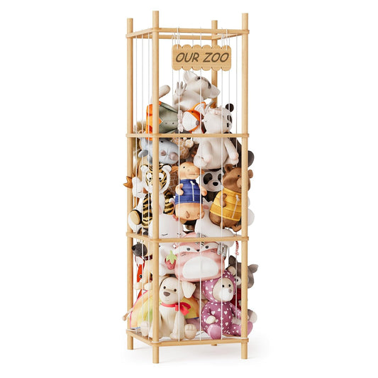 Stuffed Animal Storage Organizer, Wood Animals Zoo Toy Plushies Storage Holder, Large Capacity Plush Toy Cage for Playroom Organization, 15.8" Wide, Natural