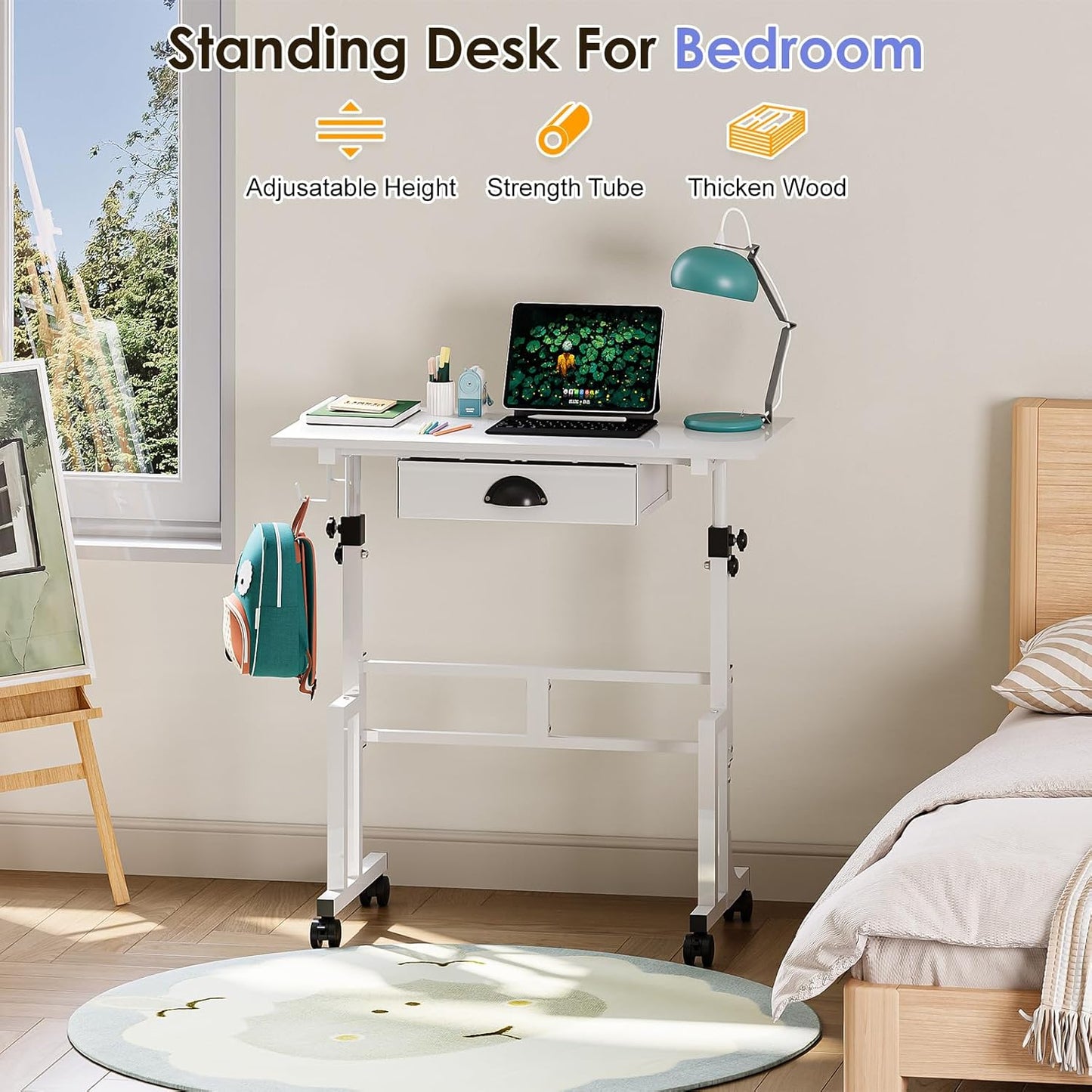 Samll White Standing Computer Desk with Drawers,Height Adjustable Home Office Sit Stand up Desk with 4 Wheels & 2 Hooks,Portable Rolling Work Study Gaming Table for Laptop Tablet Walking Pad Treadmill