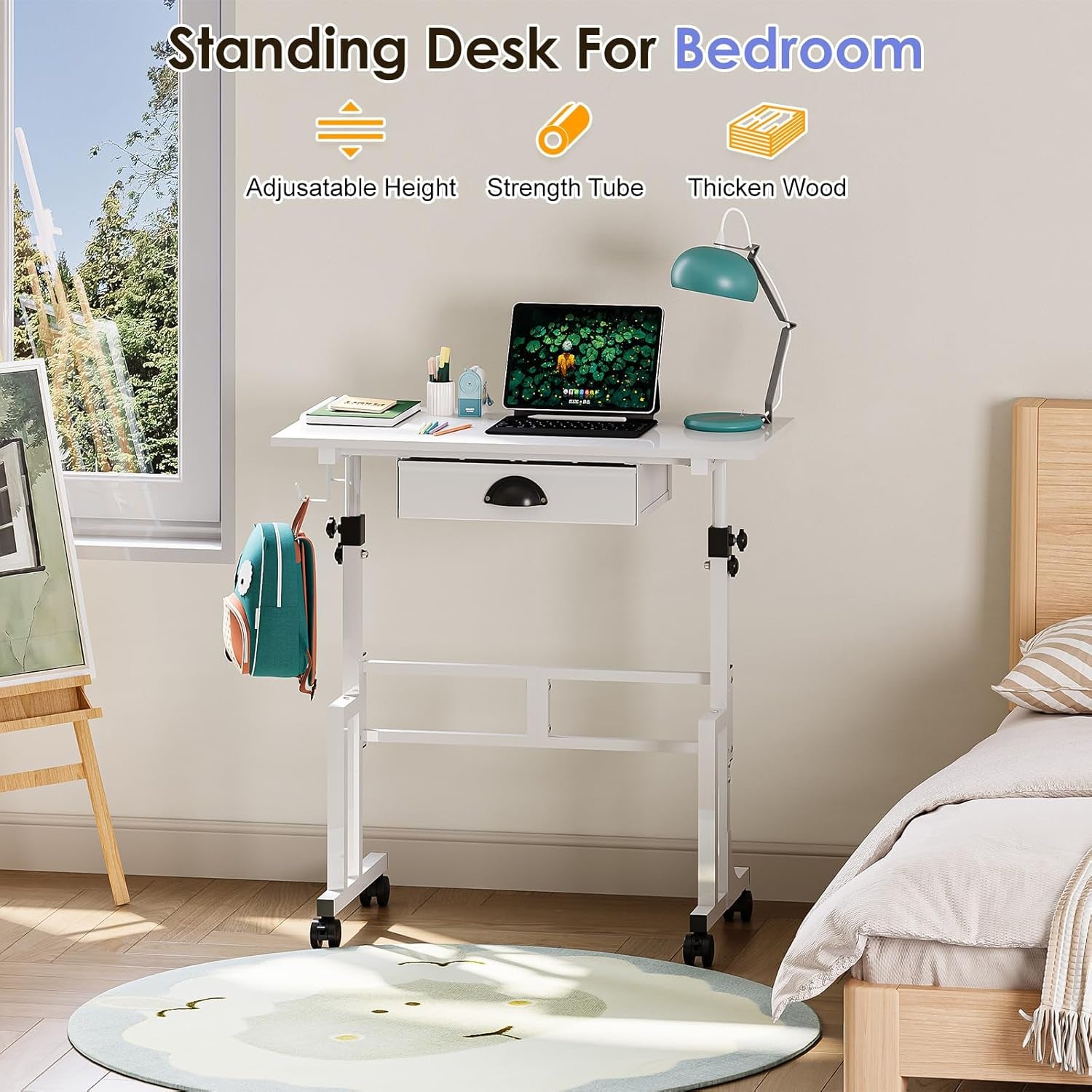 Samll White Standing Computer Desk with Drawers,Height Adjustable Home Office Sit Stand up Desk with 4 Wheels & 2 Hooks,Portable Rolling Work Study Gaming Table for Laptop Tablet Walking Pad Treadmill