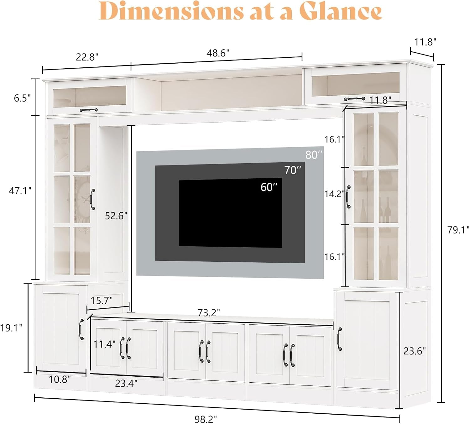 98" W Wall Unit TV Stand with Storage for Tvs up to 80", Modern TV Console with LED Lights, Entertainment Center with Bookshelves for Living Room, White