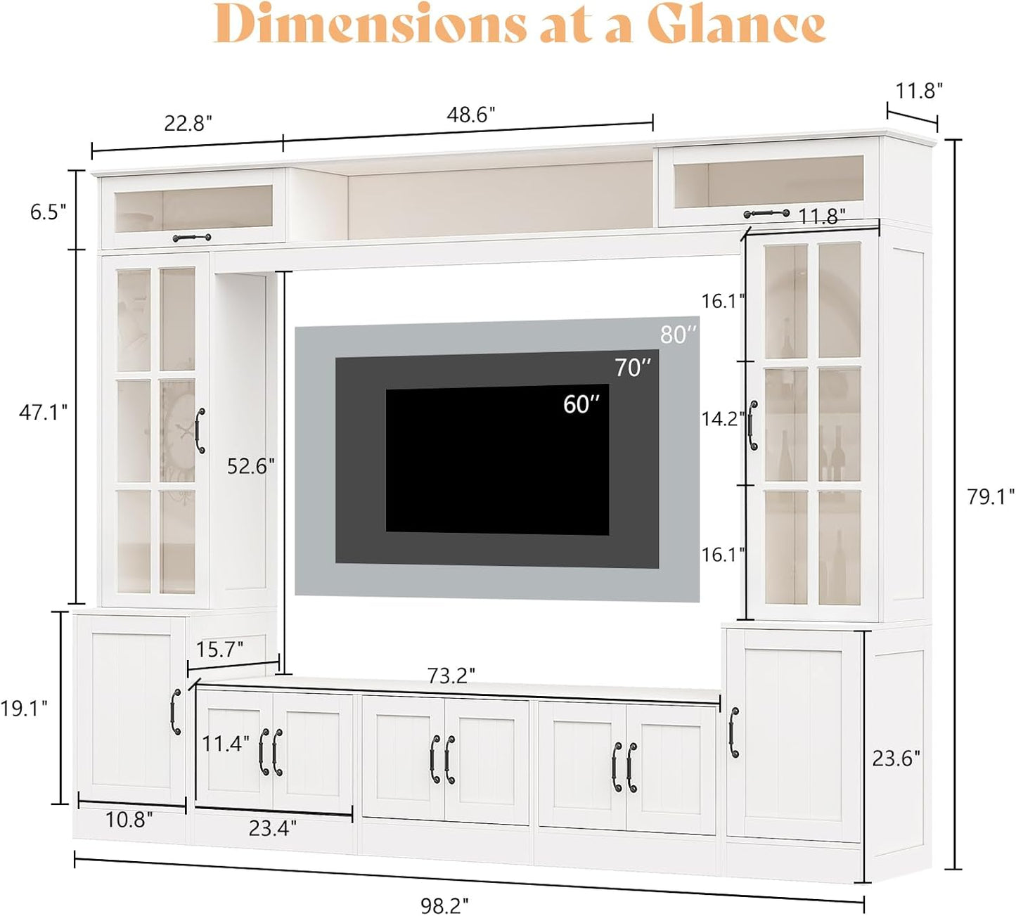 98" W Wall Unit TV Stand with Storage for Tvs up to 80", Modern TV Console with LED Lights, Entertainment Center with Bookshelves for Living Room, White