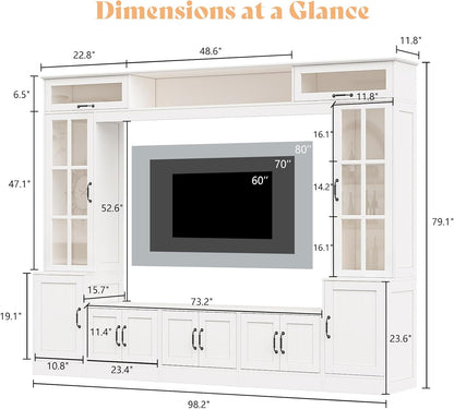 98" W Wall Unit TV Stand with Storage for Tvs up to 80", Modern TV Console with LED Lights, Entertainment Center with Bookshelves for Living Room, White