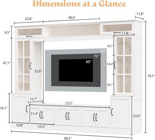 98" W Wall Unit TV Stand with Storage for Tvs up to 80", Modern TV Console with LED Lights, Entertainment Center with Bookshelves for Living Room, White