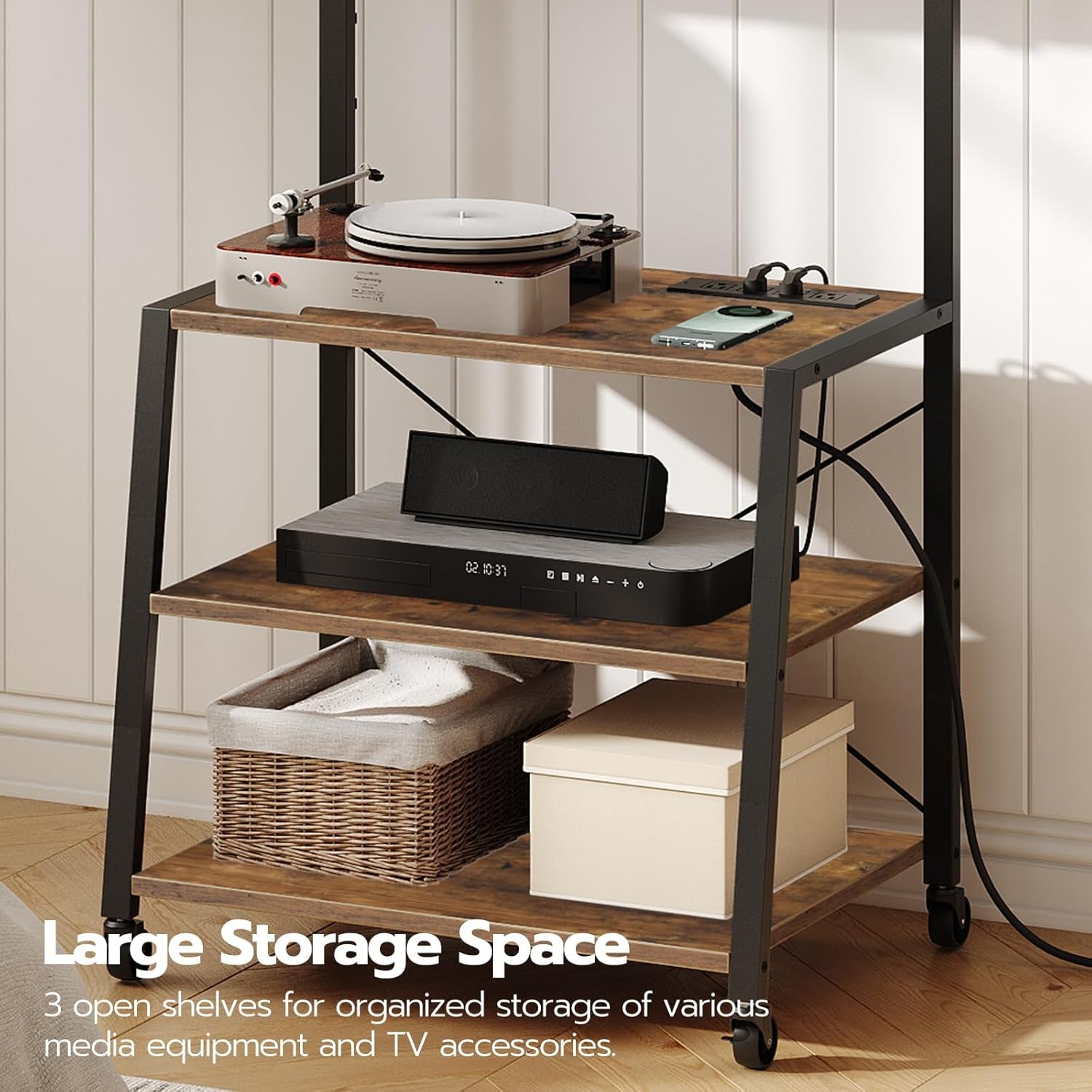 Rolling TV Stand with Mount and Power Outlet up to 55 Inch TV, Corner Entertainment Center, Small TV Stand with 3-Tier Storage Shelves for Living Room, Bedroom, Rustic Brown and Black BF66UDS01