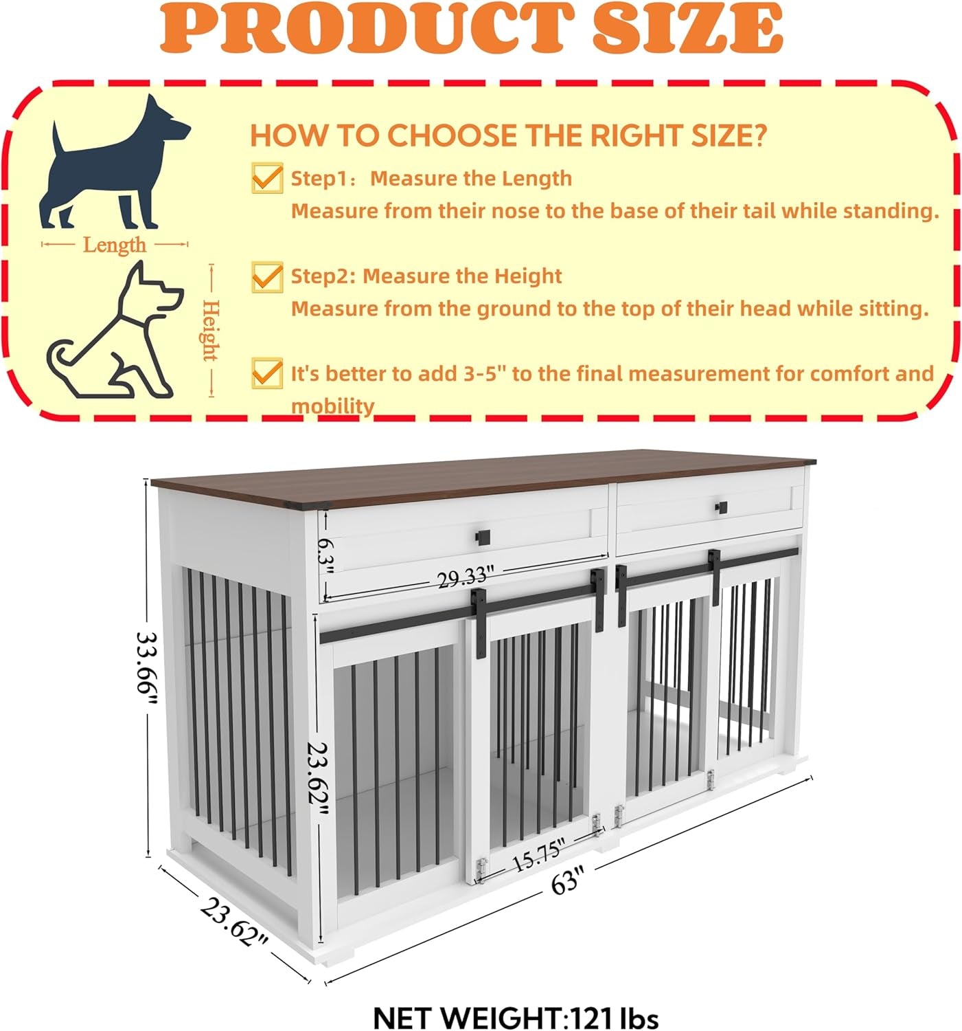 63'' Double Dog Crate Furniture for 2 Dogs, XXL Wooden 2 Dog Kennel, Wooden Dog Kennel with 2 Drawers,Divider and Sliding Door, Indoor Furniture Style Dog Crate End Table, White