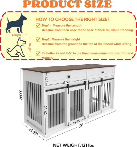 63'' Double Dog Crate Furniture for 2 Dogs, XXL Wooden 2 Dog Kennel, Wooden Dog Kennel with 2 Drawers,Divider and Sliding Door, Indoor Furniture Style Dog Crate End Table, White
