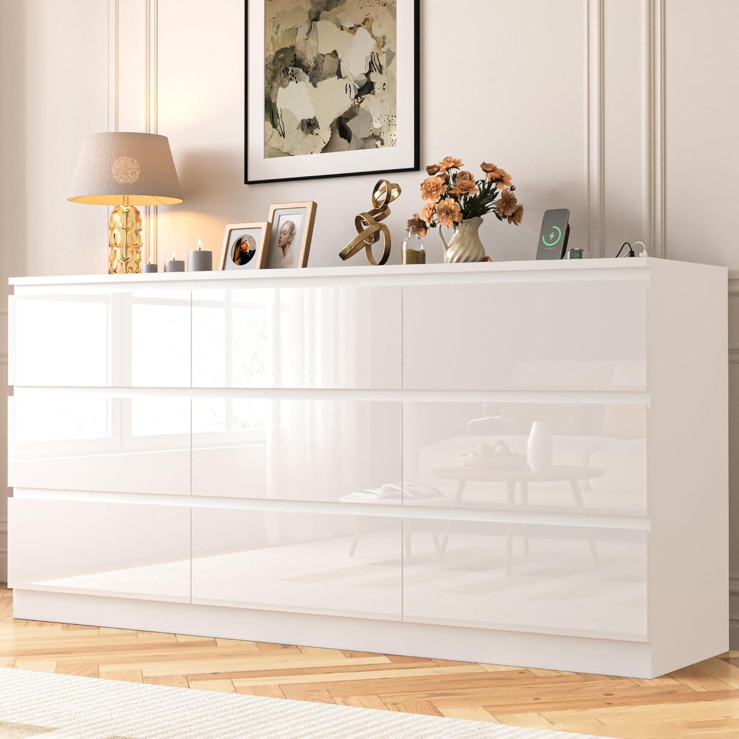 70 INCH 9 Drawers Dresser with Power Outlet, Wide High Gloss Chest of Drawers Large, Modern Storage Drawer Dresser for Bedroom, White