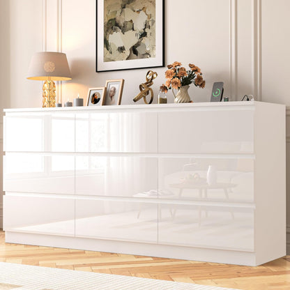 70 INCH 9 Drawers Dresser with Power Outlet, Wide High Gloss Chest of Drawers Large, Modern Storage Drawer Dresser for Bedroom, White