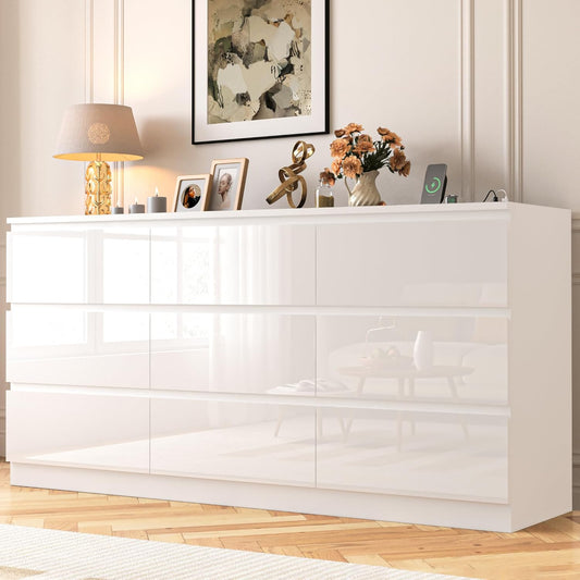 70 INCH 9 Drawers Dresser with Power Outlet, Wide High Gloss Chest of Drawers Large, Modern Storage Drawer Dresser for Bedroom, White