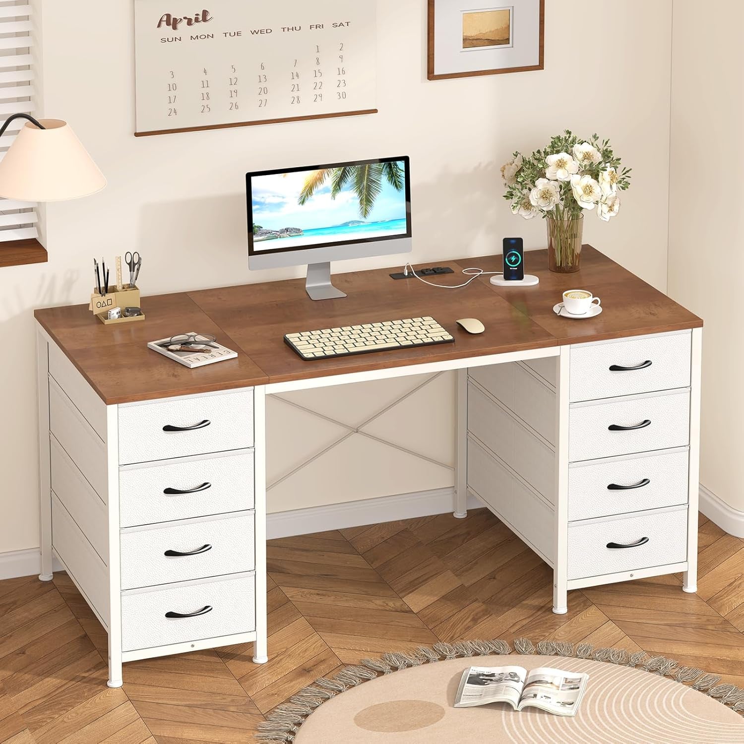 50 Inch Computer Desk with 8 Drawers, Home Office Desk with Power Outl ...