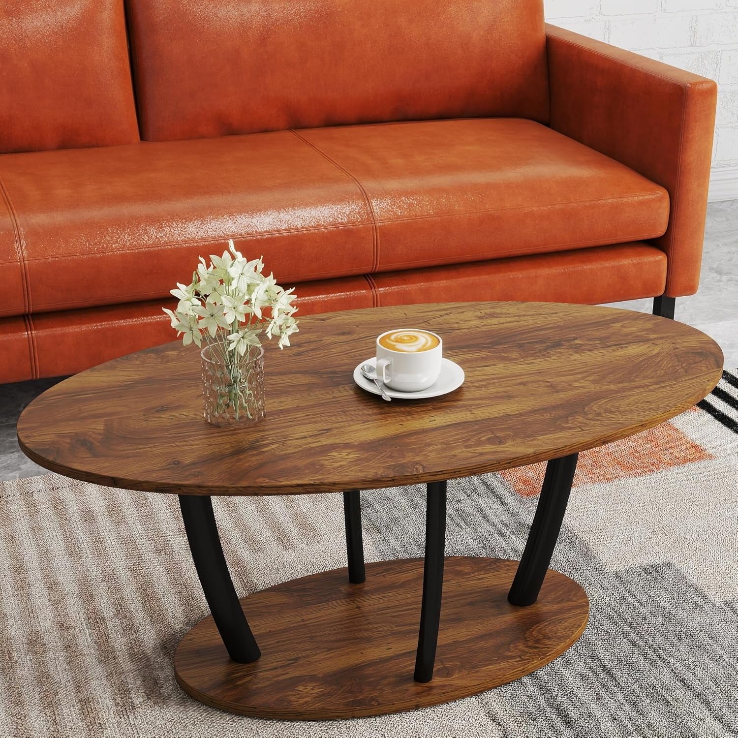 Rustic Small Oval Coffee Table for Living Room, Narrow Wood Center Table with Shelf, Retro Style Coffee Table with Curved Metal Legs, Stable and Easy Assembly, Rusric Brown