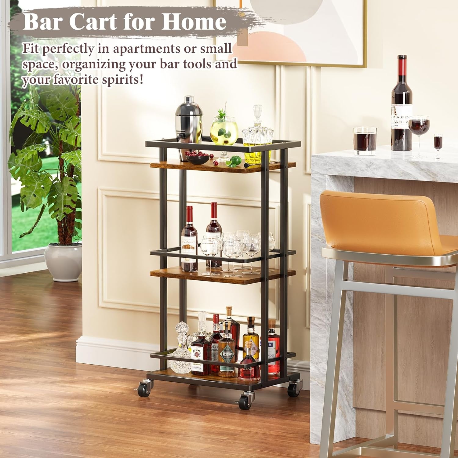 3 Tier Bar Cart for Home, Rolling Mini Liquor Bar for Wine Beverage Dinner Party, Utility Kitchen Storage Island Serving Cart on Wheels, Coffee Bar Cabinet for Kitchen Dining Living Room, Brown