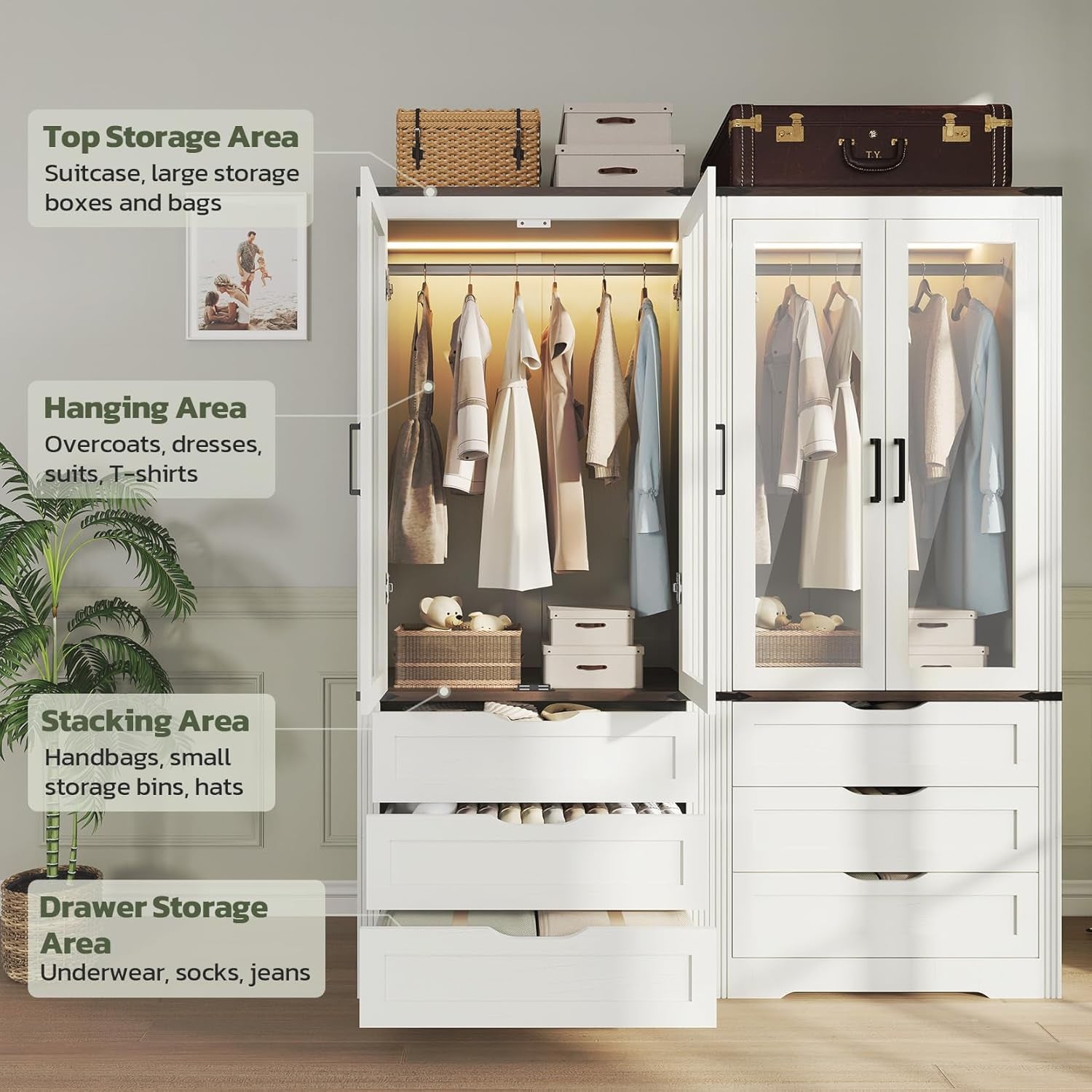 73'' Tall Farmhouse Armoire Wardrobe Closet with LED Light, Wood Wardrobe Closet with 2 Doors 3 Drawers, Freestanding Bedroom Armoire Clothing Storage Cabinet, Antique White