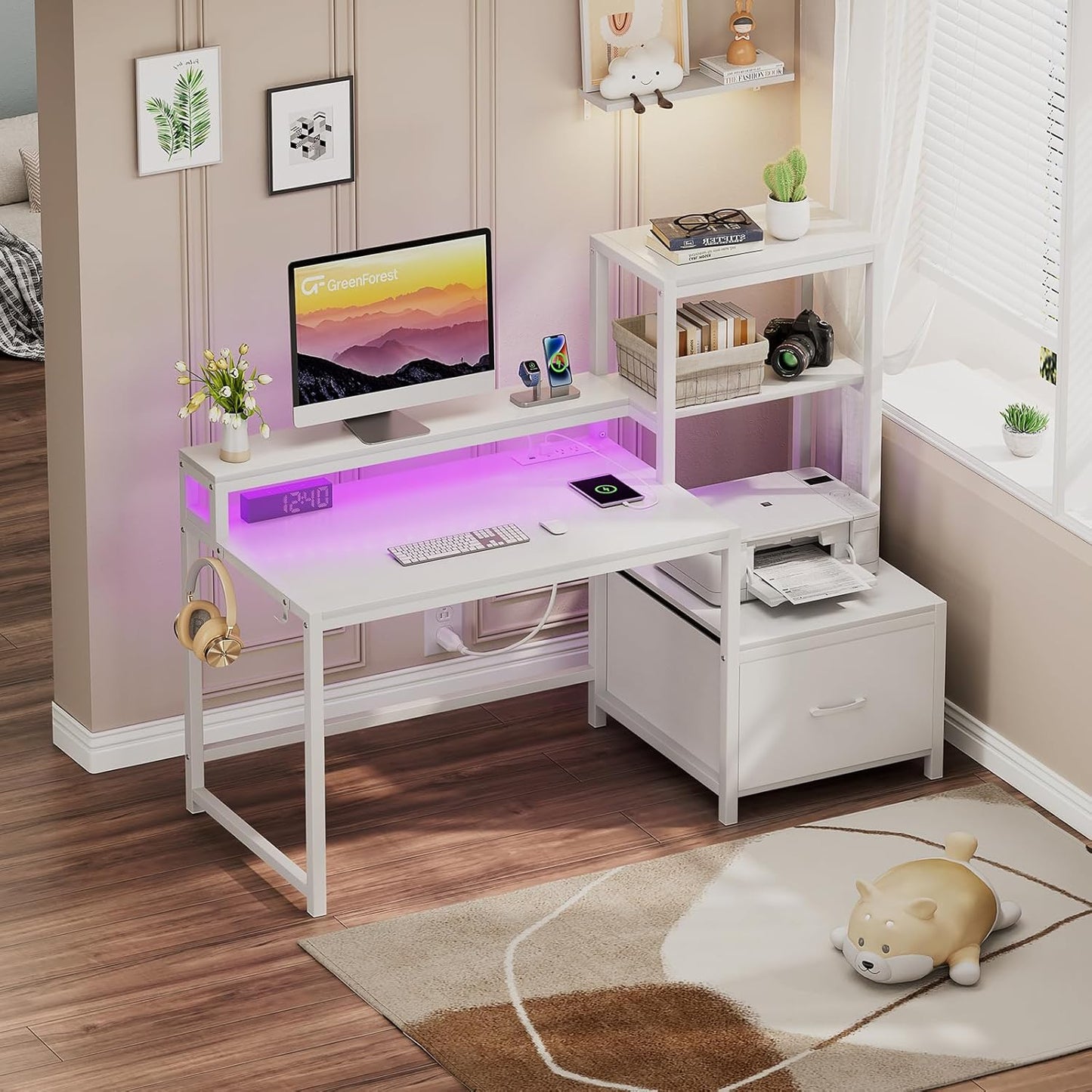 Office Desk with Power Outlets and Printer Shelf, 68.8 Inch Computer Desk with LED and Drawer, Reversible Gaming Desk with Storage for Home Study Working,Walnut