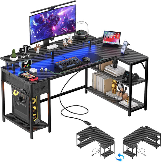 L Shaped Gaming Desk with Power Outlet and LED Light, 47 Inch Reversible Computer Desk with CPU Stand, Monitor Stand, Drawer, 2-Tier Shelf Carbon Fiber Corner Desk for Home Office, Bedroom