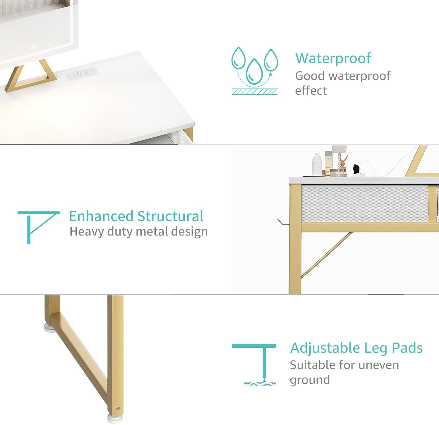 Small Makeup Vanity Desk with Mirror and Light, 32 Inch White Vanity Desks Sets with Fabric Drawers for Girls Teen, Dressing Table and Chair Set with Power Outlet for Bedroom, White Gold