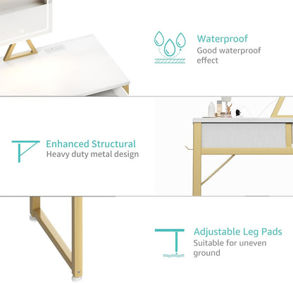 Small Makeup Vanity Desk with Mirror and Light, 32 Inch White Vanity Desks Sets with Fabric Drawers for Girls Teen, Dressing Table and Chair Set with Power Outlet for Bedroom, White Gold
