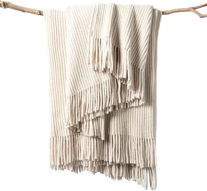 Throw Blanket for Couch, Soft Boho Decor Bed Throw,Cozy White Chenille Knitted Small Farmhouse Lightweight Throw(White/Cream,50 * 60")