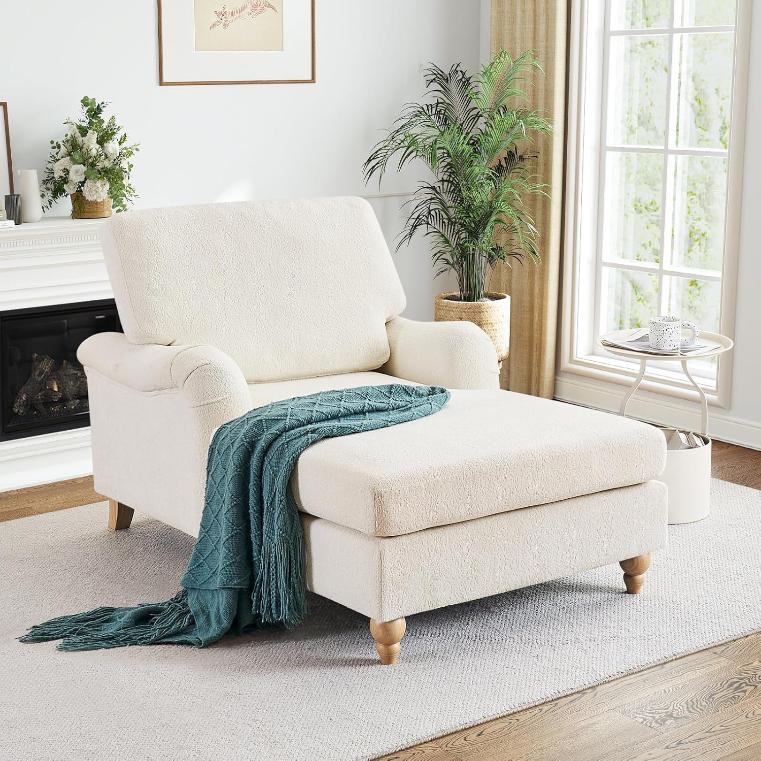 Chaise Lounge Chair with Adjustable Backrest, Modern Upholstered Chenille Leisure Sofa Recliner, Sleeper Chair Bed with Rolled Arm for Indoor, Bedroom, Living Room, Study Room, Office, Beige