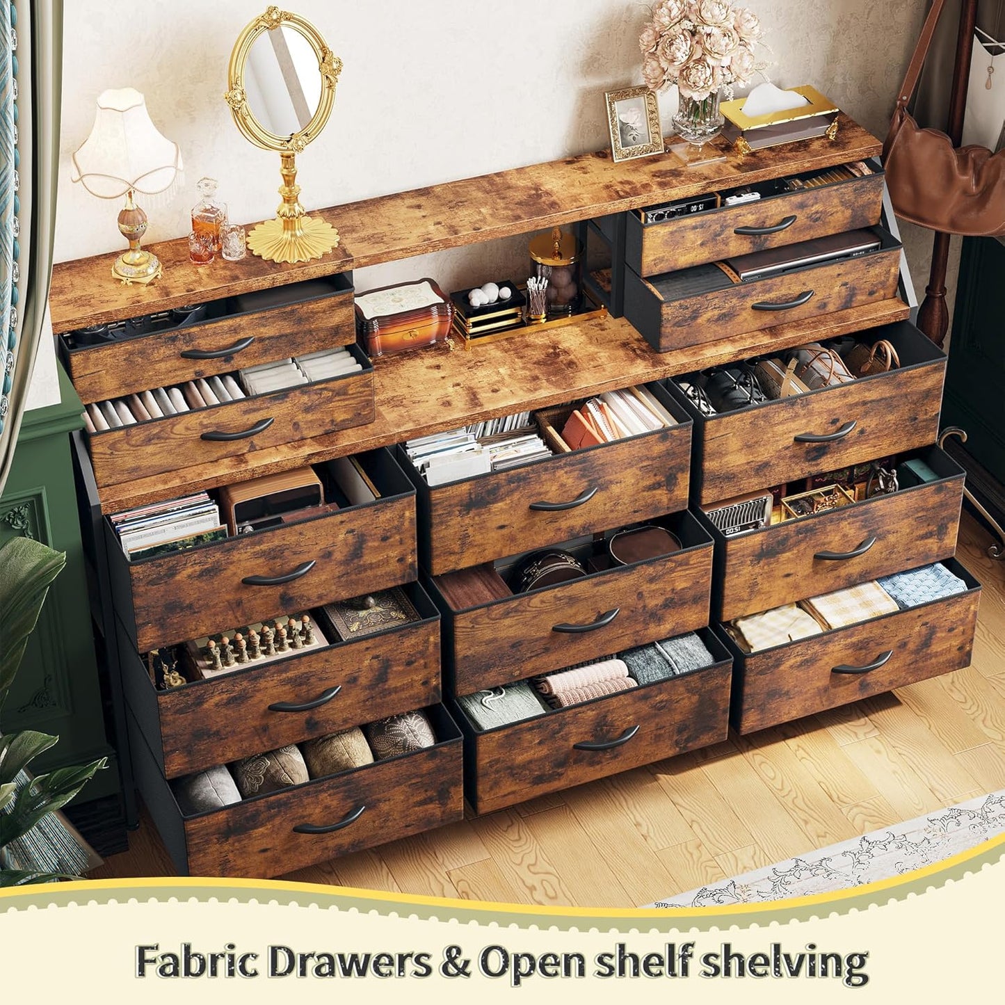 55" W Dresser for Bedroom with Deep Fabric Drawers, Long Chests of Drawers with 2 Open Wooden Shelves, Large Vanity Dressers for Dorm, Entryway, Rustic Brown, 55.1" W X 35.4" H X 11.4" D