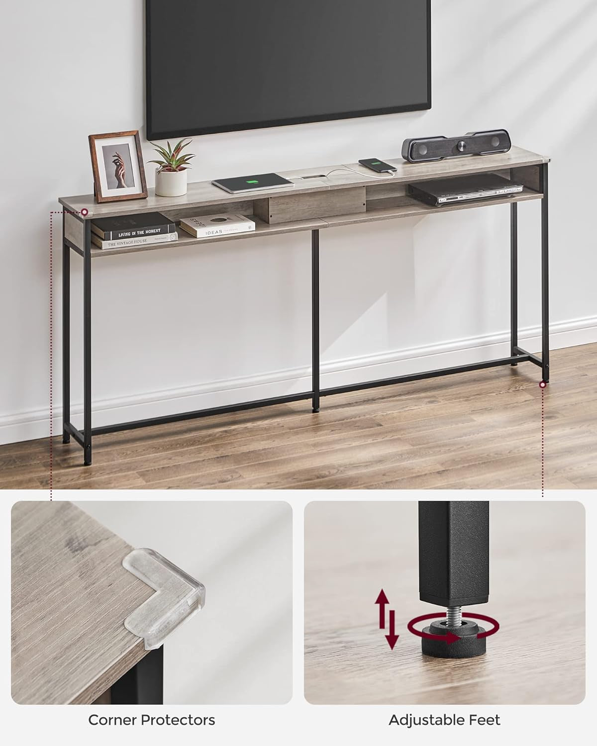 55.1-Inch Console Table with Outlet and Shelves, Sofa Table with Charging Station, behind Couch Table Skinny, Entryway Table for Hallway, Living Room, Rustic Brown and Ink Black ULNT120K01