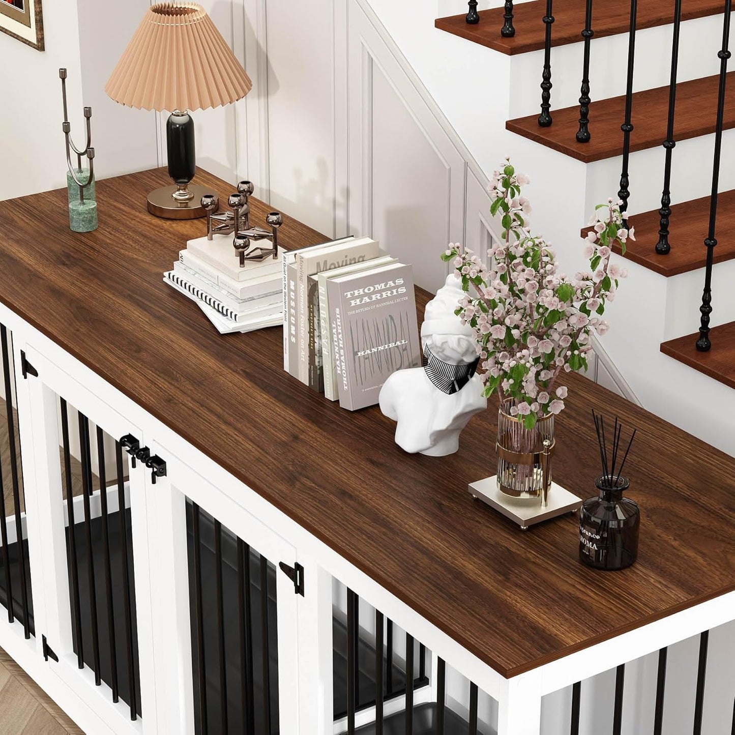 70.9" Large Double Dog Crate Furniture, Wooden Dog Kennel House with Divider & 2 Trays, for Large or 2 Medium Breeds Indoor, White