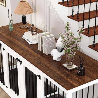 70.9" Large Double Dog Crate Furniture, Wooden Dog Kennel House with Divider & 2 Trays, for Large or 2 Medium Breeds Indoor, White