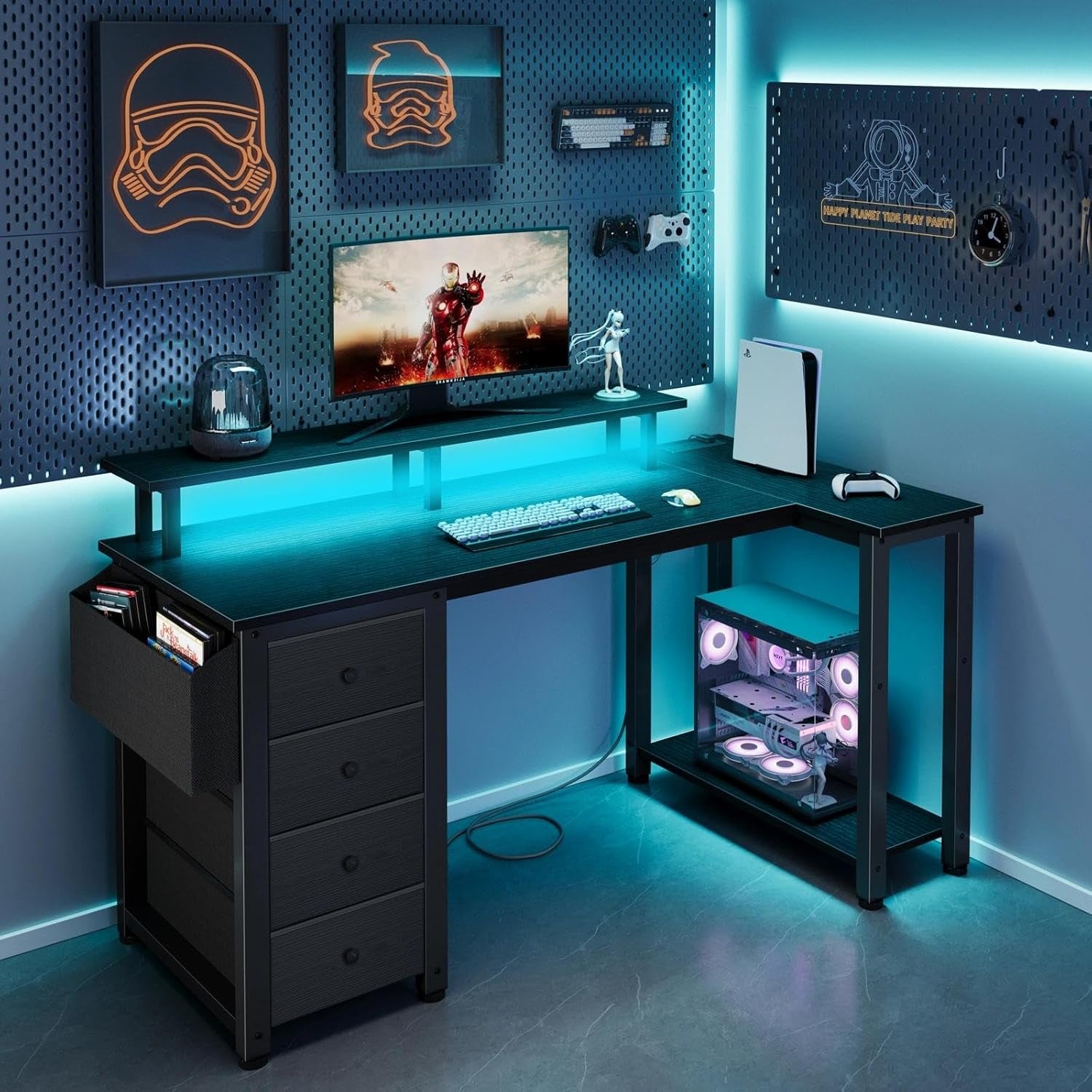 Black L Shaped Desk with Led Lights and Power Outlets, 47 Inch Writing Study Computer Gaming Desks with Fabric Drawers for Bedroom, Home Office Corner Desk with Monitor Stand Shelves, Black