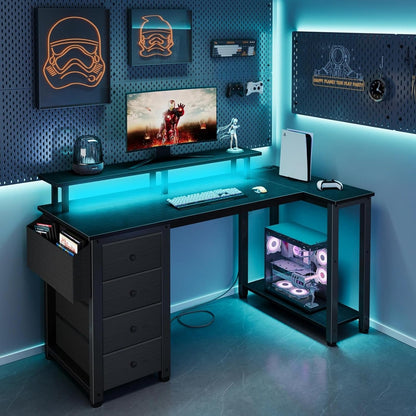 Black L Shaped Desk with Led Lights and Power Outlets, 47 Inch Writing Study Computer Gaming Desks with Fabric Drawers for Bedroom, Home Office Corner Desk with Monitor Stand Shelves, Black