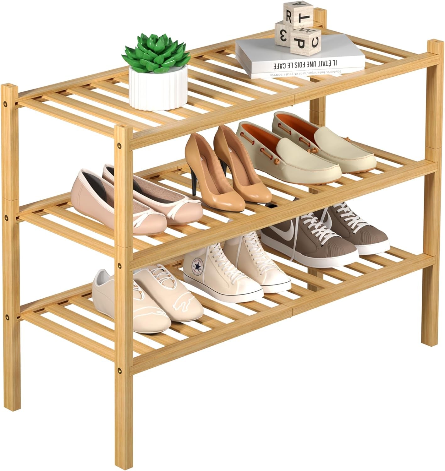 3 Tier Bamboo Shoe Rack for Closet Free Standing Wood Shoe Shelf Storage Organizer for Entryway Small Space Stackable 27"X11"X20" (Natural)