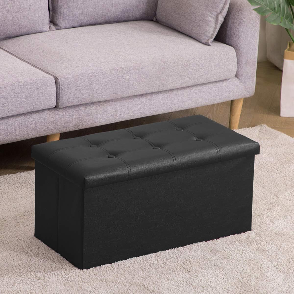 Folding Storage Ottoman Bench, Faux Leather Footrest Couch for Living Room, 30 Inch Storage Bench with Padded Seat for Bedroom Hallway, Holds up to 350Lbs, Black