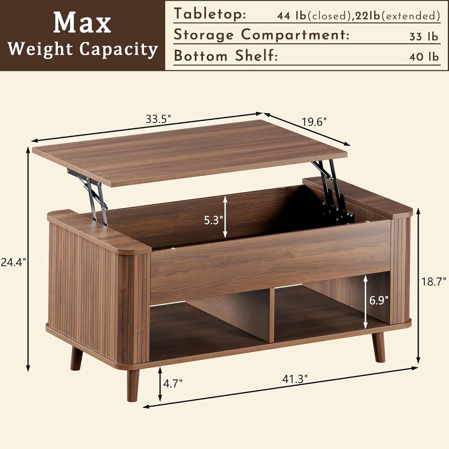 Lift Top Coffee Table with Storage, 41" Mid Century Modern Coffee Table with Fluted & Curved Profile Design, Hidden Storage Compartment, Lower Shelf Center Table for Living Room Office, Walnut