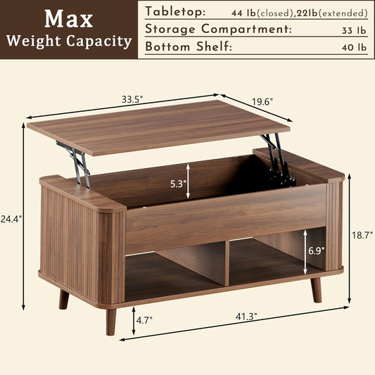 Lift Top Coffee Table with Storage, 41" Mid Century Modern Coffee Table with Fluted & Curved Profile Design, Hidden Storage Compartment, Lower Shelf Center Table for Living Room Office, Walnut