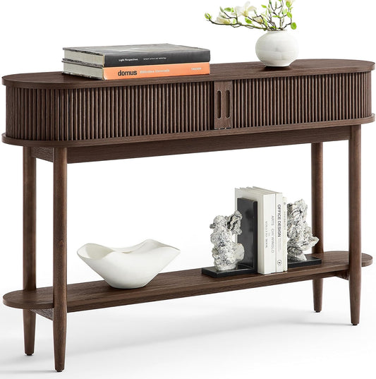 Fluted Console Table with Storage, Entryway Table Wood Entrance Tables for Front Door, behind Couch Sofa Table with Shelves, Foyer Tables for Hallways, Living Room (Black)