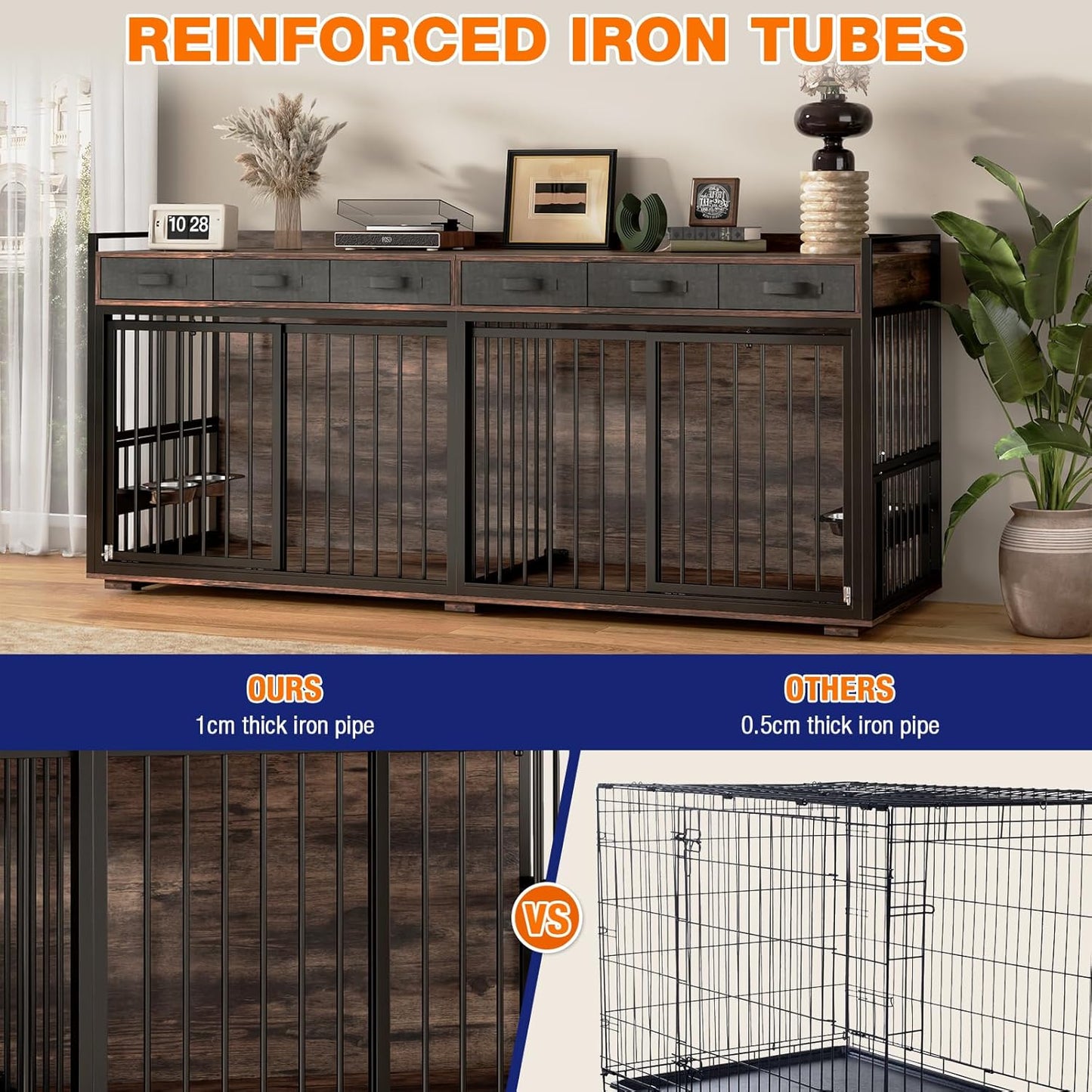 Large Dog Kennel Furniture for 2 Dogs,74.8'' XXL Wooden Double Dog Crates Cage Furniture Style with Divider for Large Breed with Storage Rack Shelf TV Stand Table Indoor,White