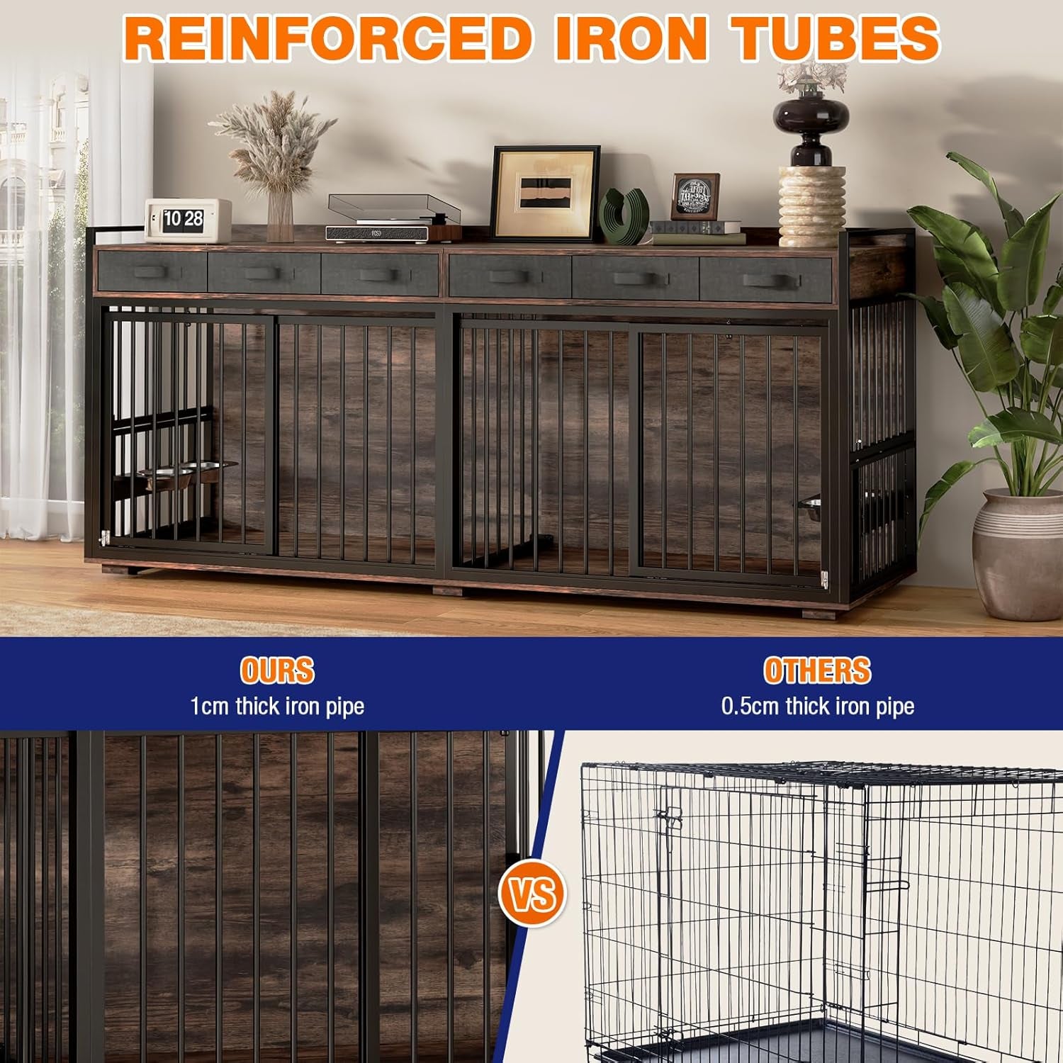 Large Dog Crate Furniture,74.8" Wooden Double Room Dog Crates Indoor Furniture Style with Divider and 2 Drawers,Xxl Heavy Duty Dog Kennel Furniture TV Stand Table for 2 Large Dogs,White