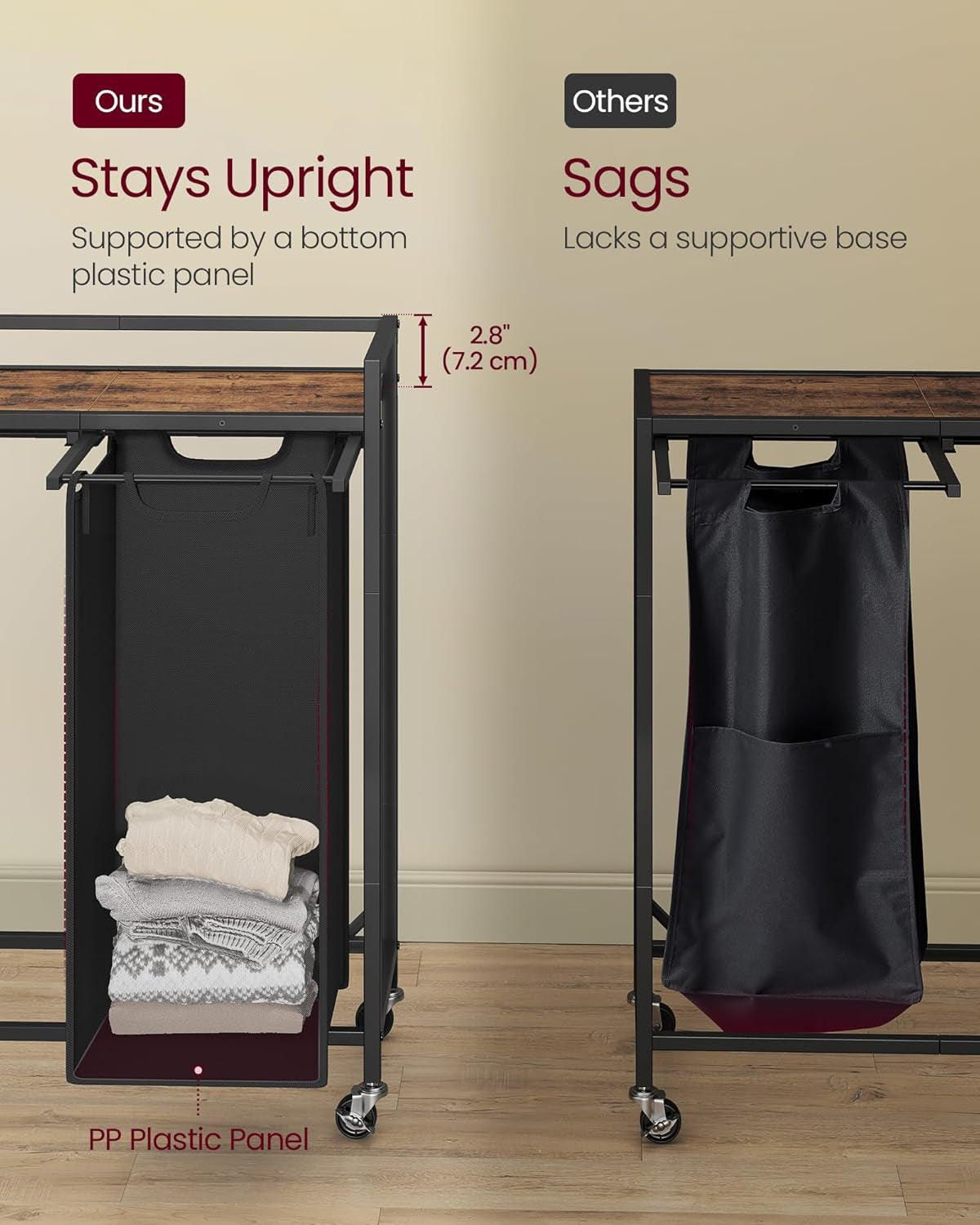 Laundry Sorter, 43.5 Gal. (165 L) Laundry Hamper Basket with 3 Compartments, Rolling Cart with Wheels, Shelf, Removable Bags, Pockets, Ink Black and Rustic Brown UBLH031B01