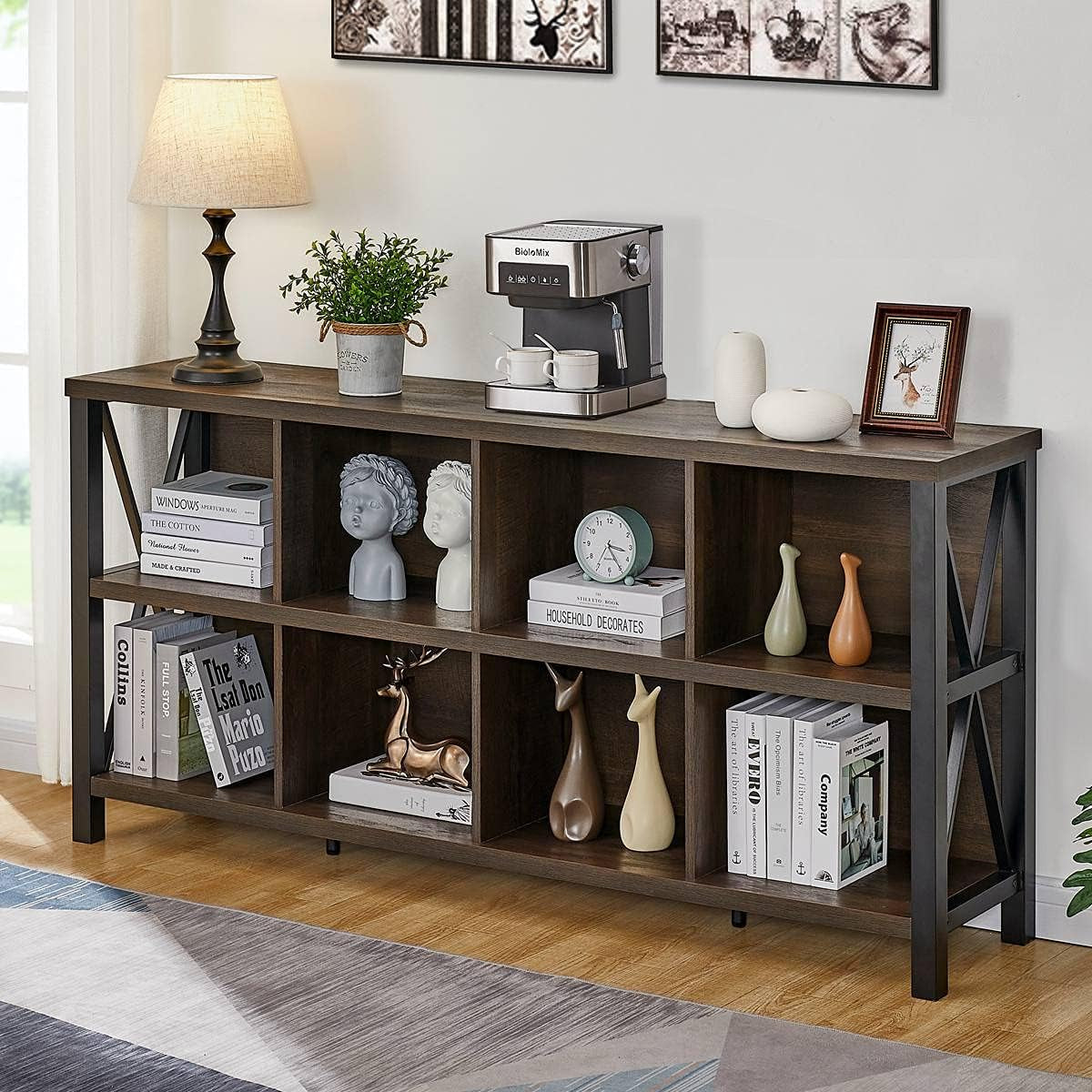 8 Cube Storage Organizer, 62 Inch Heavy Duty Horizontal Bookshelf, Industrial Long Bookcase and TV Stand for 65 Inch TV, Rustic Wood Accent Shelf for Living Room (Walnut Brown)