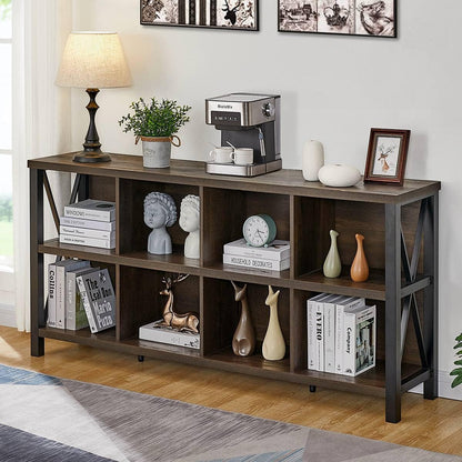 8 Cube Storage Organizer, 62 Inch Heavy Duty Horizontal Bookshelf, Industrial Long Bookcase and TV Stand for 65 Inch TV, Rustic Wood Accent Shelf for Living Room (Walnut Brown)