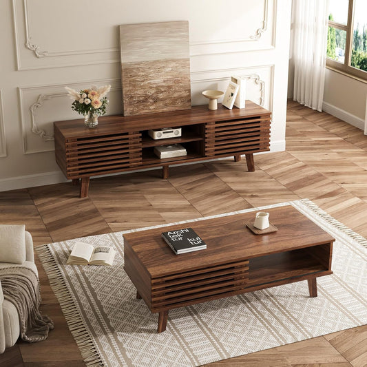 Living Room Table Sets of 2, Mid Century Coffee Table & Dresser TV Stand, Sliding Door Coffee Table with Storage, Modern TV Stand for Bedroom, Living Room, Walnut