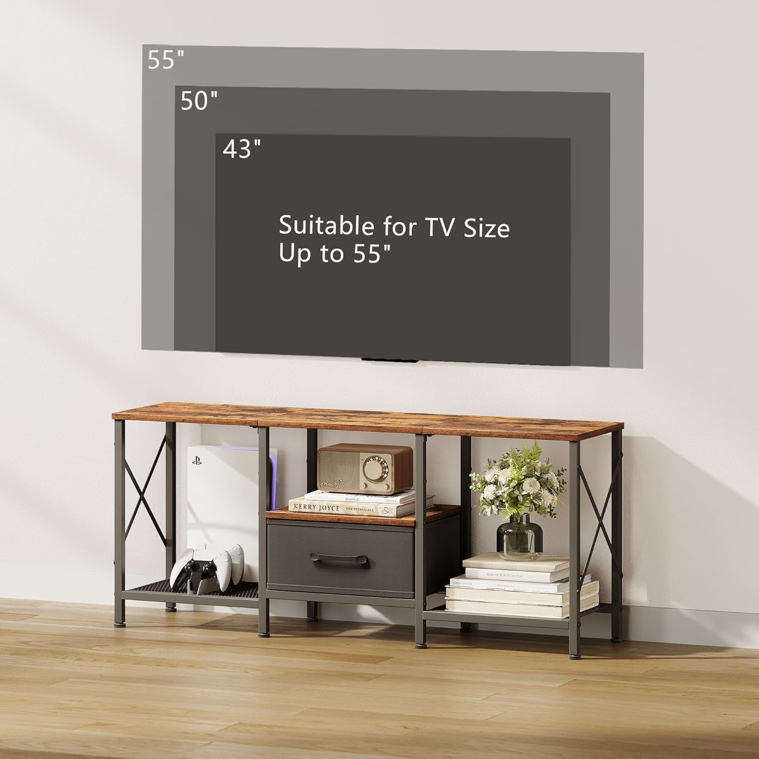 TV Stand with Fabric Drawer, Entertainment Center for 50 55 Inch TV, Industrial TV Console Table with Open Storage Shelves for Living Room, Bedroom, Rustic Brown