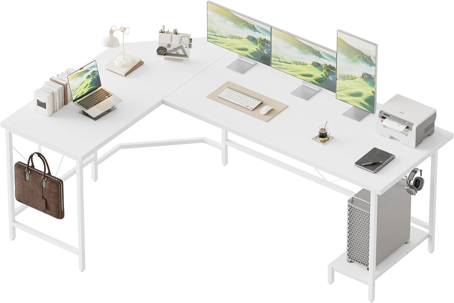 59 Inch Large Corner Gaming Desk, Simple L Shaped Desk with CPU Stand & Hooks, Computer Desk for Home, Bedroom & Office Workspace, White