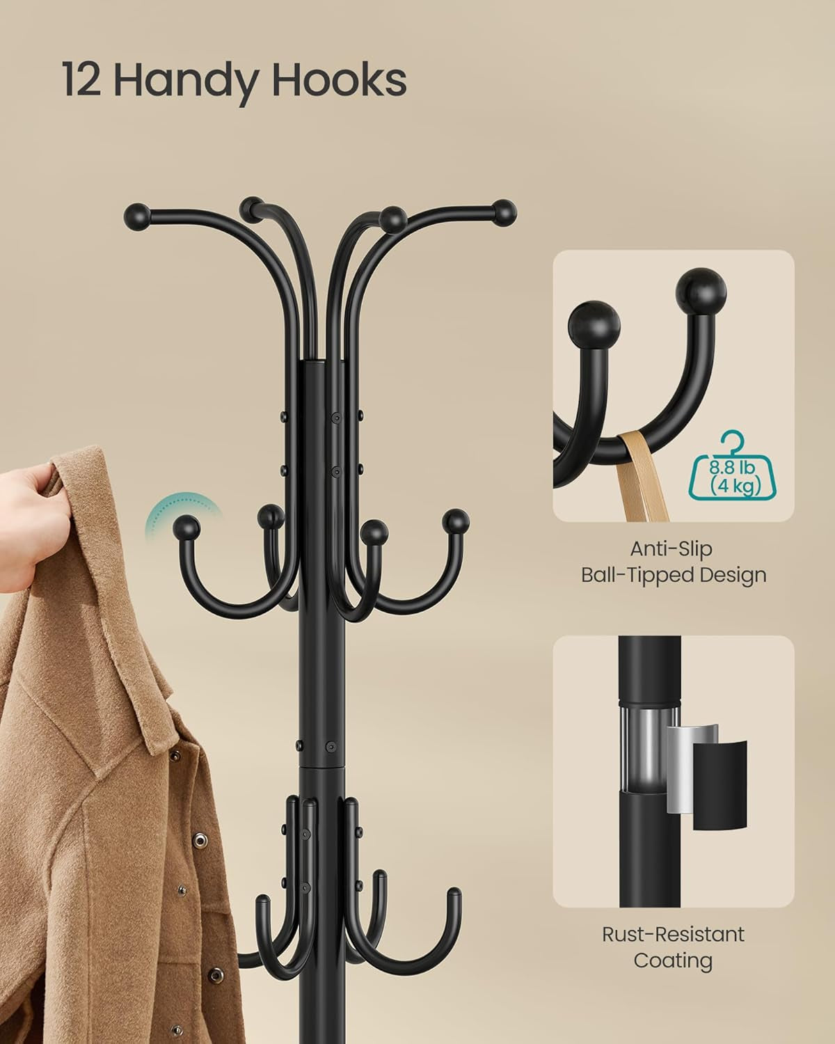 Coat Rack Freestanding with Umbrella Holder, Metal Coat Rack Stand with 12 Hooks, for Entryway, Hallway, Living Room, Bedroom, Ink Black URCR082BH02S