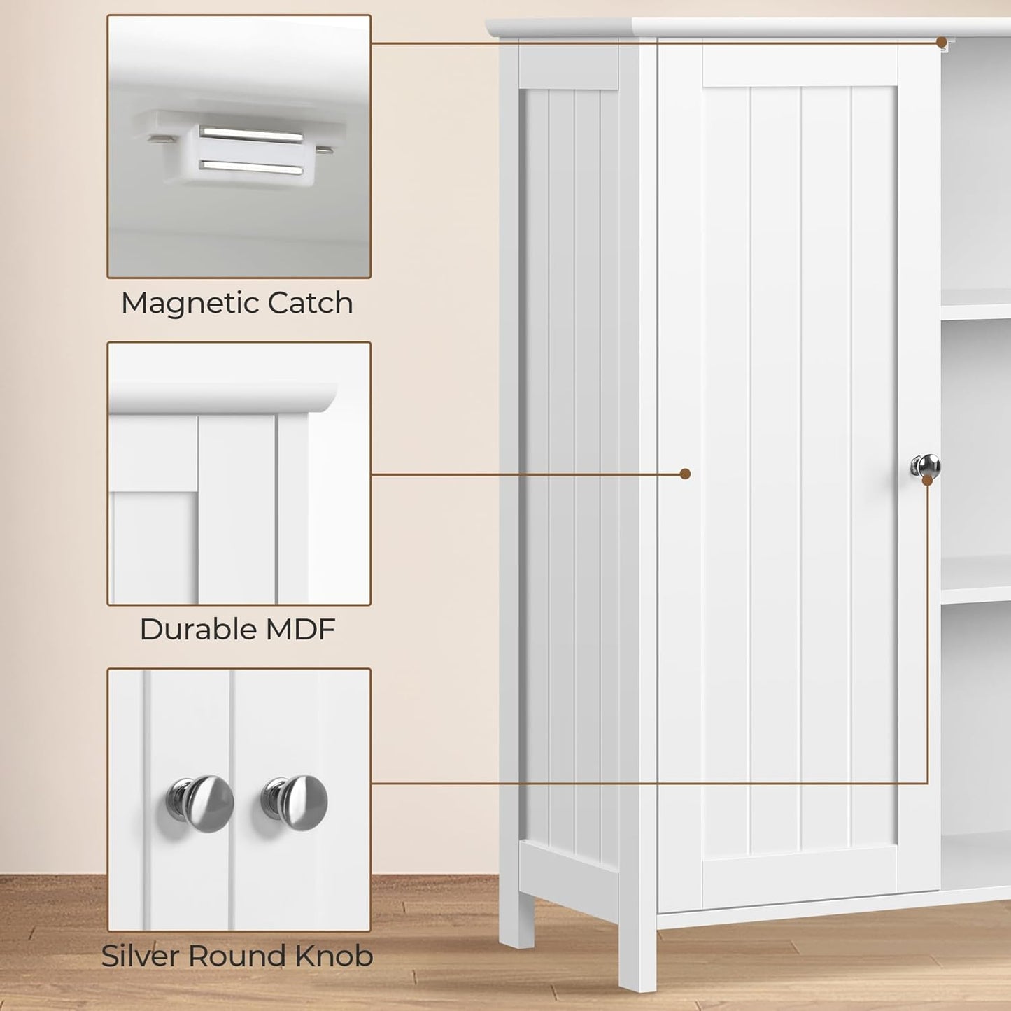 Bathroom Floor Cabinet, Modern Storage Freestanding Organizer Cabinet with Adjustable Shelves & Double Doors, 3-Tier Home Living Room Furniture, White