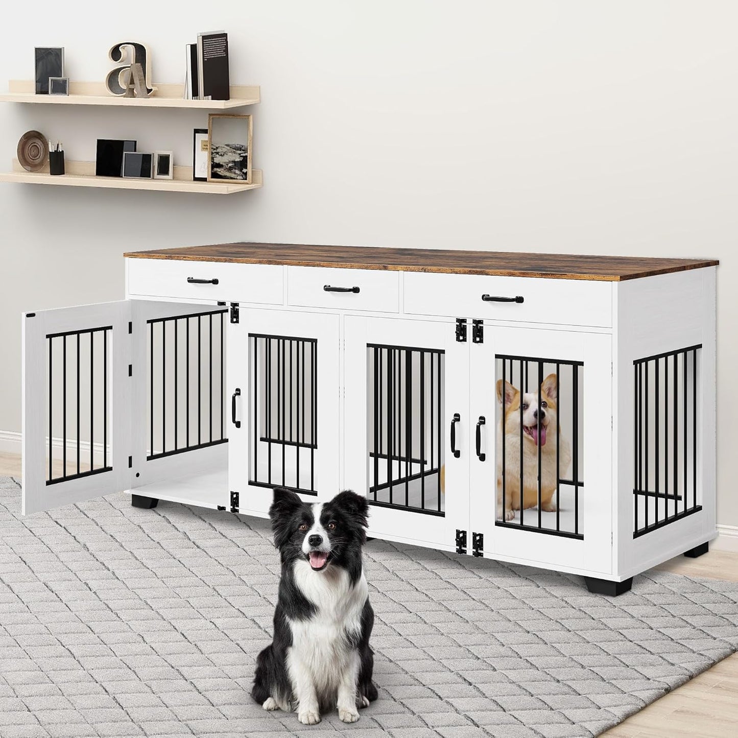 71 Inch Dog Crate Furniture for 2 Dogs, Extra Large Double Dog Cage with 3 Drawers, XXL Dog Crate for Large Breed Dogs, Wooden Dog Kennel Indoor TV Stand, Dog Kennel Furniture with Divider