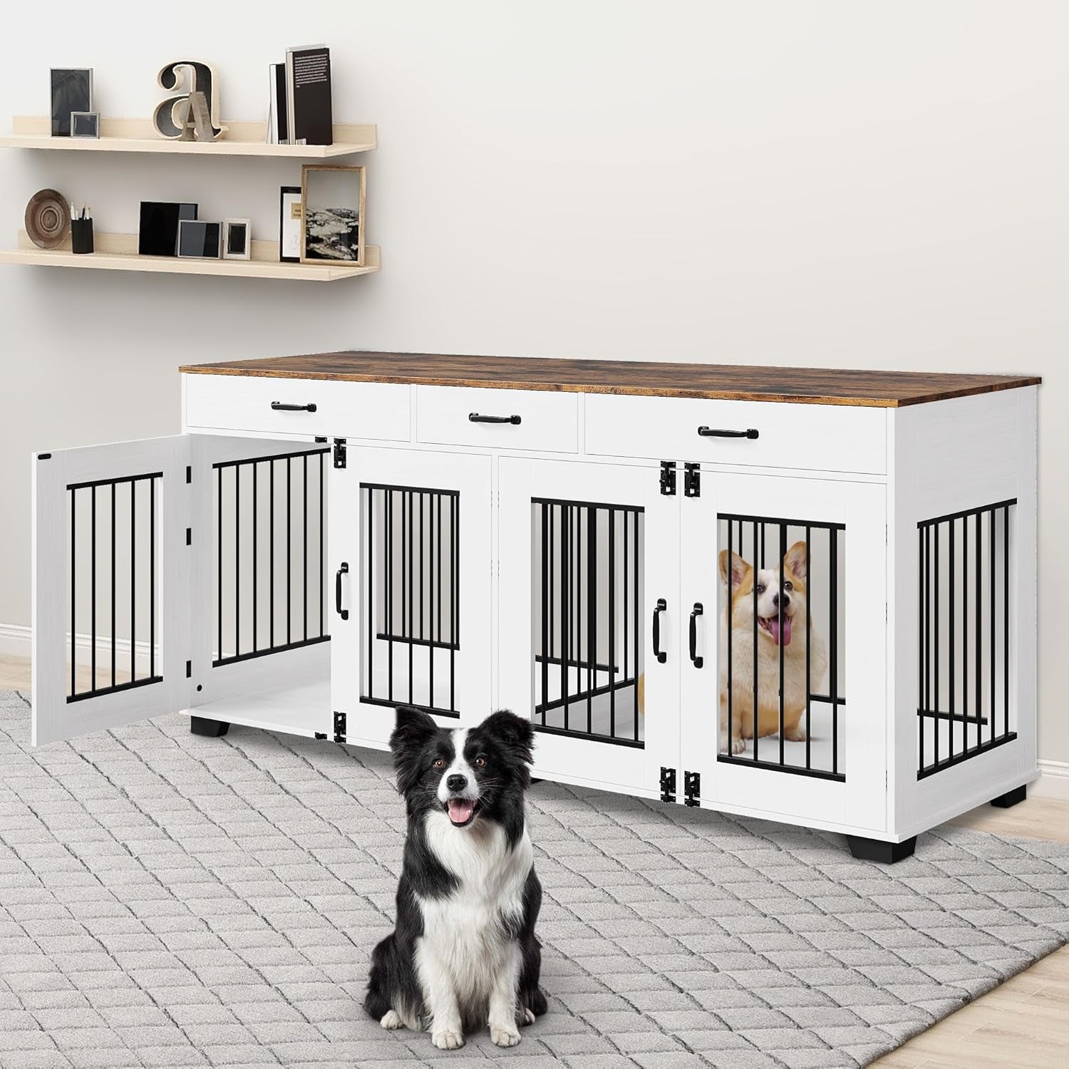 71 Inch Dog Crate Furniture for 2 Dogs, Extra Large Double Dog Cage with 3 Drawers, XXL Dog Crate for Large Breed Dogs, Wooden Dog Kennel Indoor TV Stand, Dog Kennel Furniture with Divider