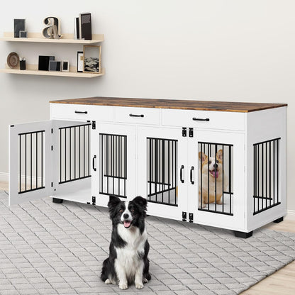71 Inch Dog Crate Furniture for 2 Dogs, Extra Large Double Dog Cage with 3 Drawers, XXL Dog Crate for Large Breed Dogs, Wooden Dog Kennel Indoor TV Stand, Dog Kennel Furniture with Divider