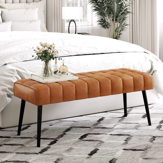 Entryway Bench, 44.5'' Leather Upholstered Bedroom Benches, End of Bed Bench with Metal Legs, Living Room, Dining Room, Whiskey Brown
