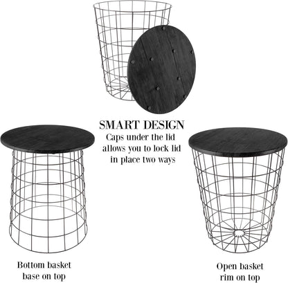 End Tables Set of 2 - Nesting Tables with Removable Wood Tops and Metal Basket Bases for Blanket Storage - round Side Pieces for Living Room, Bedroom, or Home Office by  (Black)
